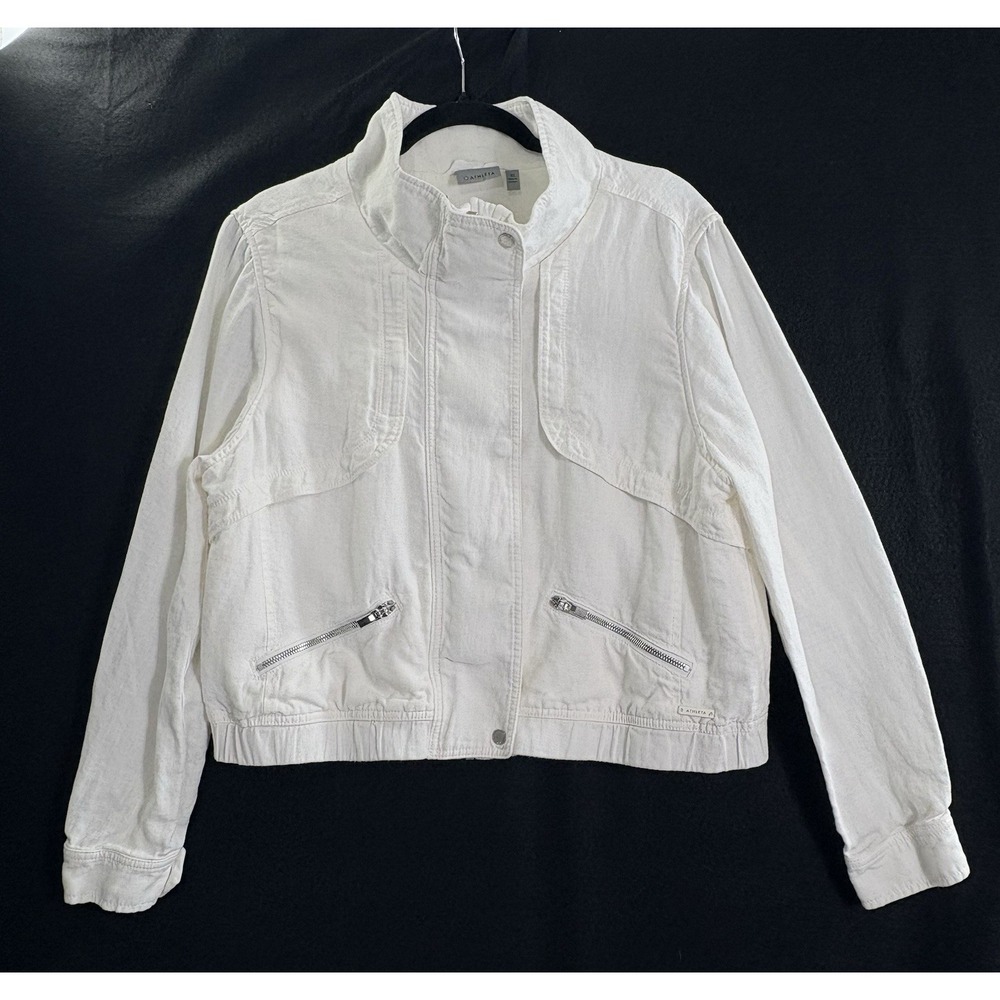 ATHLETA Women Sahara Linen Crop Moto Zip Snap Jacket Sz XL White 3-21